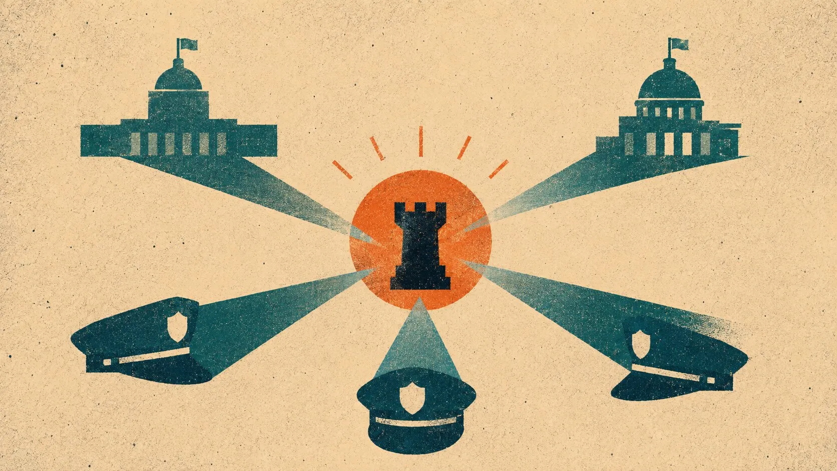 Illustration: a chess rook at the centre of rays reaching out to police caps and domed government buildings, evoking a network directed from a distance.